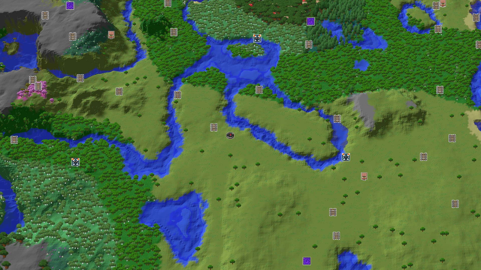 Aerial Minecraft seed map — Spawn in Plains with a Mineshaft and Geode Nearby