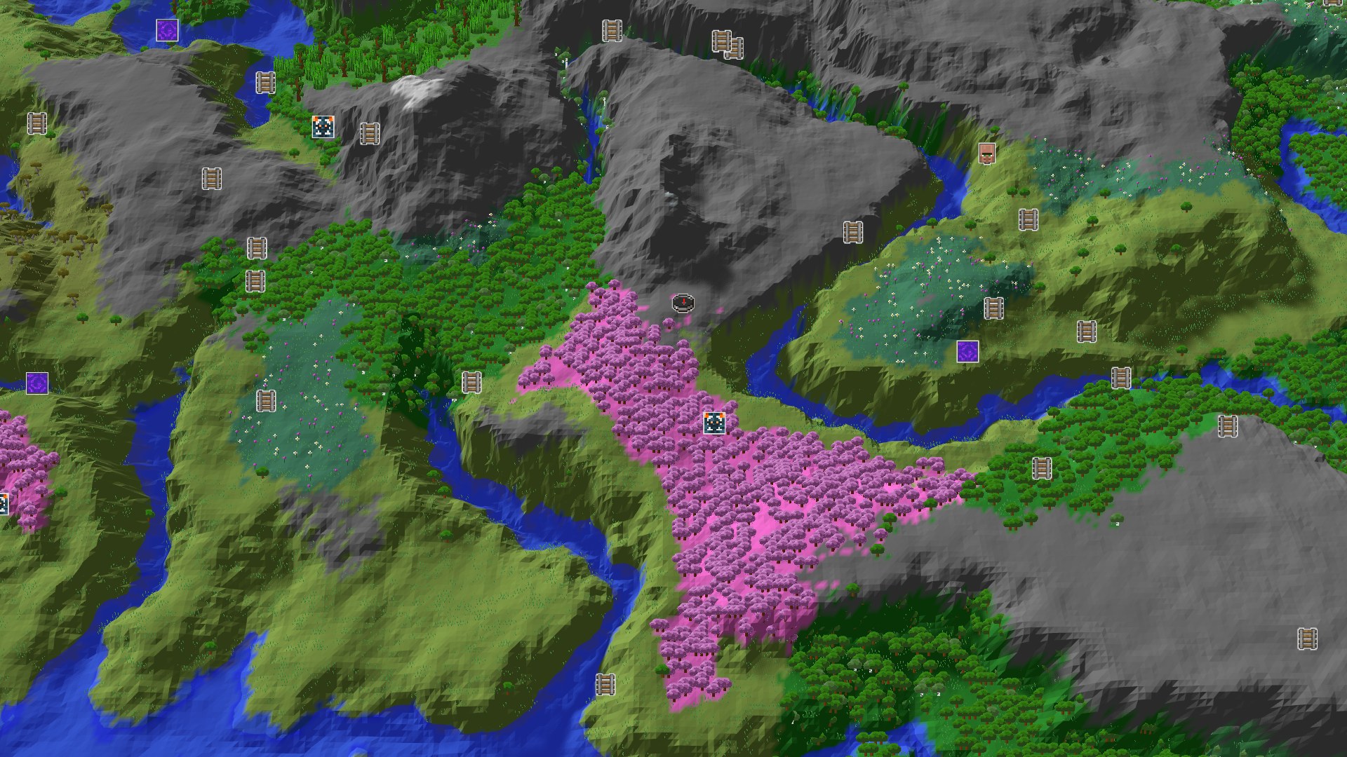 Aerial Minecraft seed map — A Cherry Grove Valley at Your Doorstep