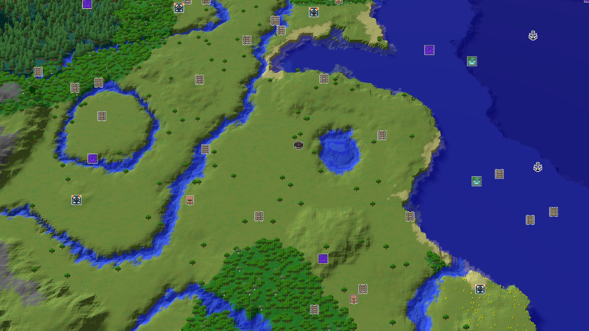 A 3D fly-over of a grassy plains and forest landscape with a winding river, a small lake, and a large ocean to the east, with a spawn marker in the center.