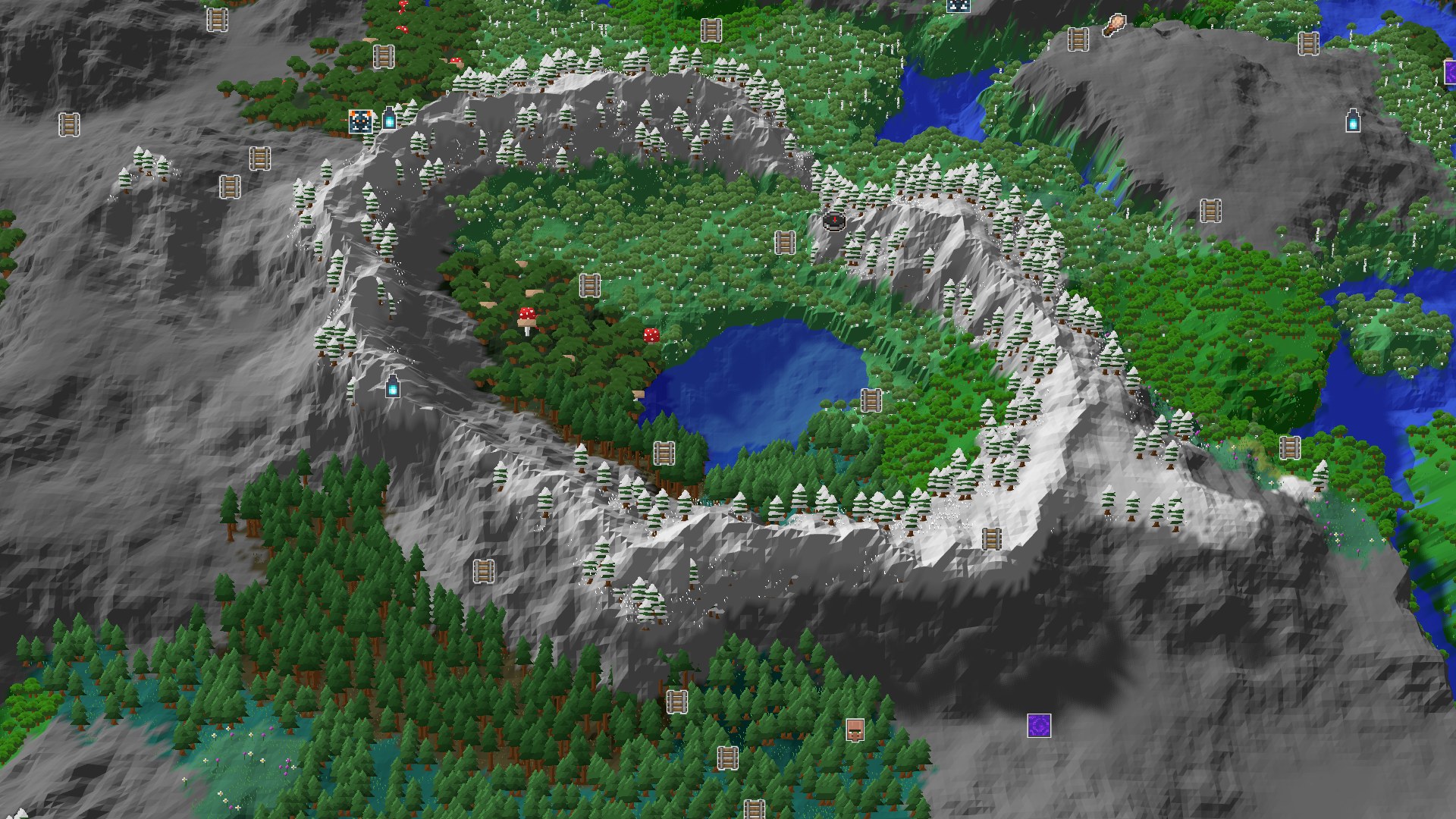 Aerial Minecraft seed map — Spawn in a Grove, With Mountains and Mineshafts Nearby
