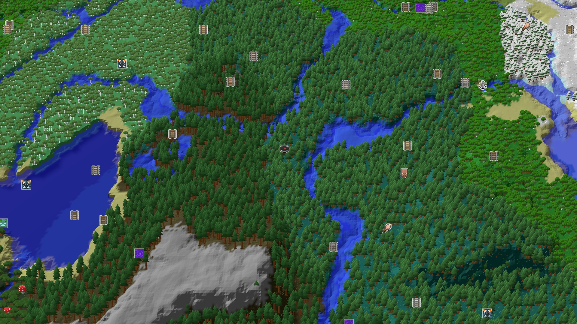 Aerial Minecraft seed map — A Taiga World with Close Underground Gems