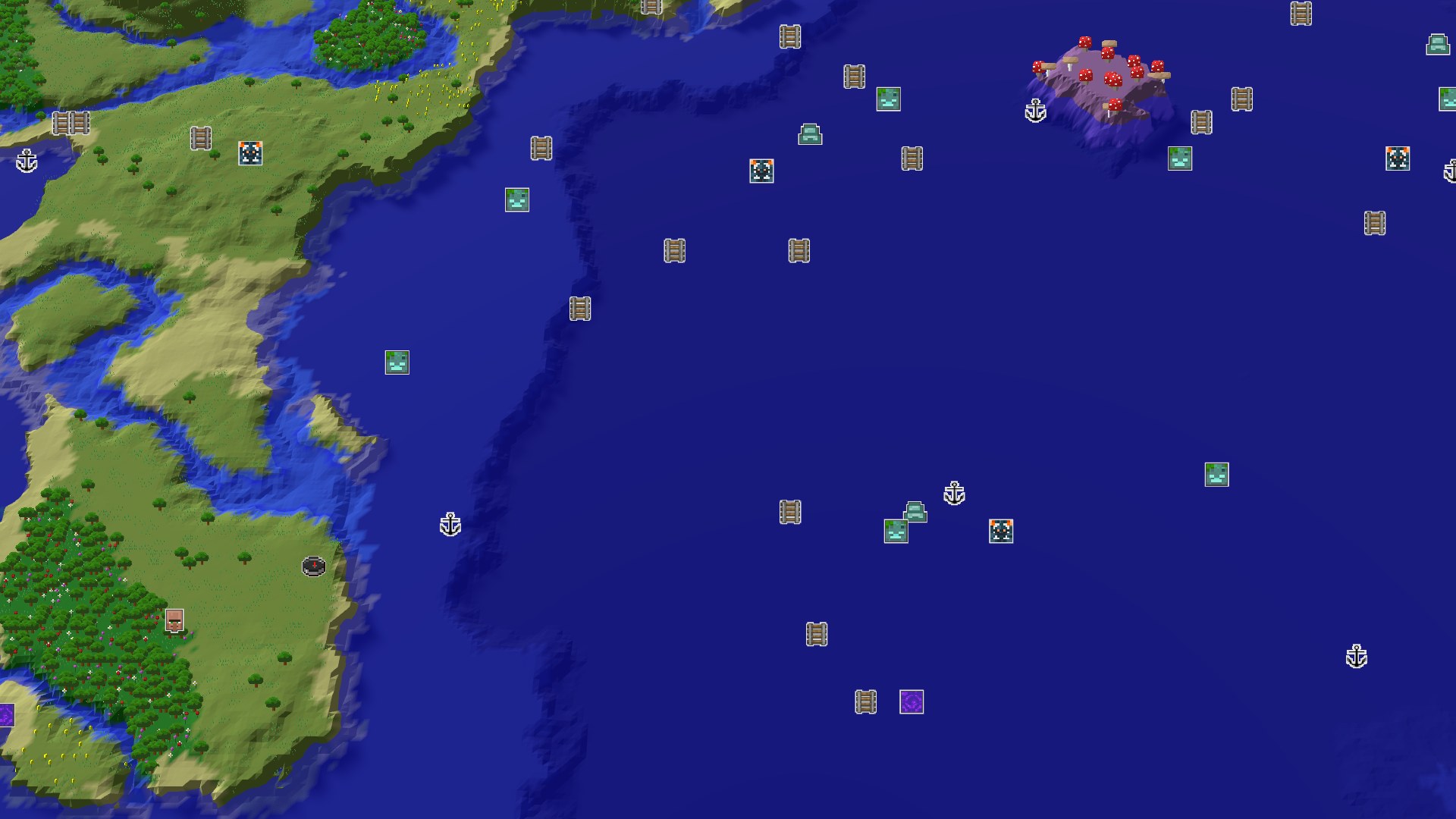 Aerial Minecraft seed map — Ocean and Plains Start with a Nearby Mushroom Fields