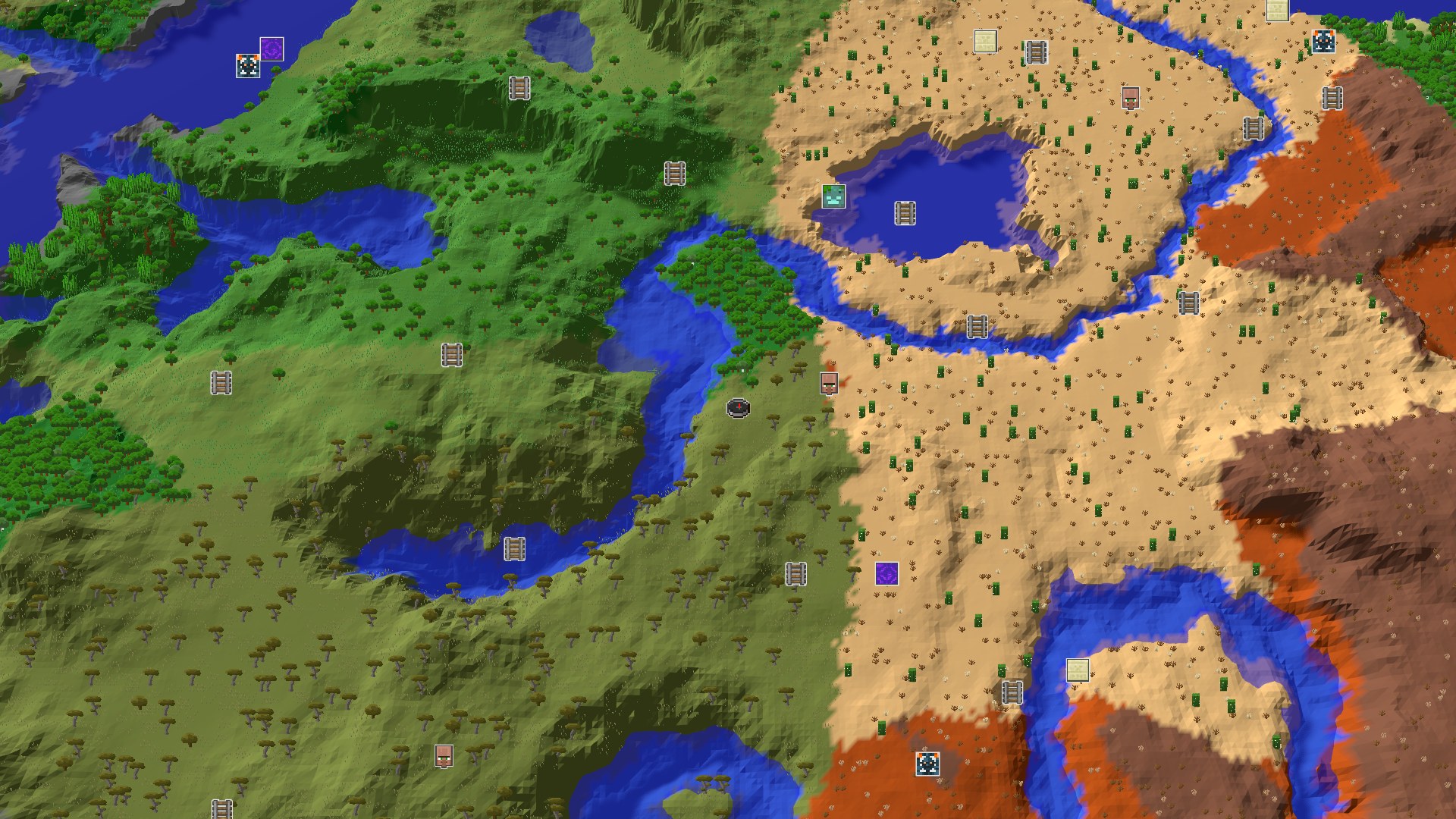 Aerial Minecraft seed map — Savanna Start, Desert Village, and a Close Geode