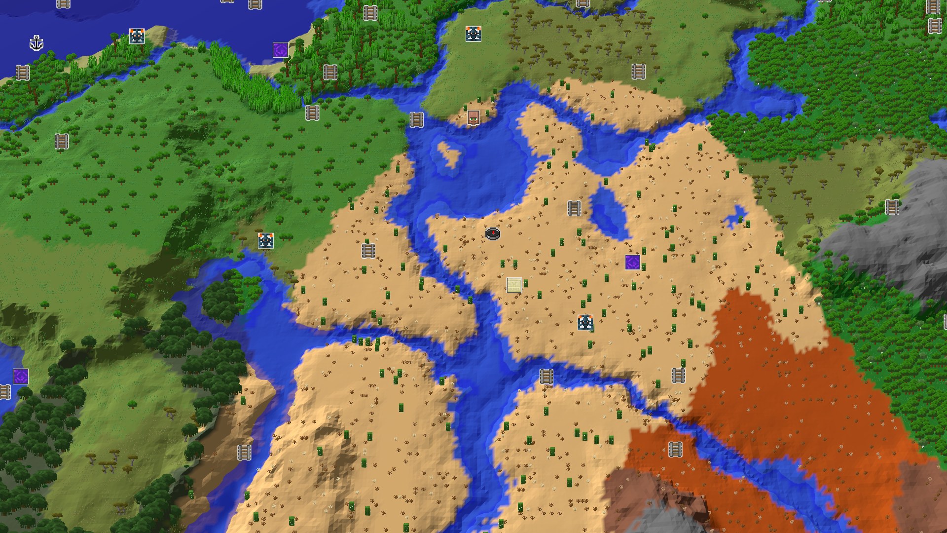 Aerial Minecraft seed map — Desert Spawn with Nearby Geode and Pyramid