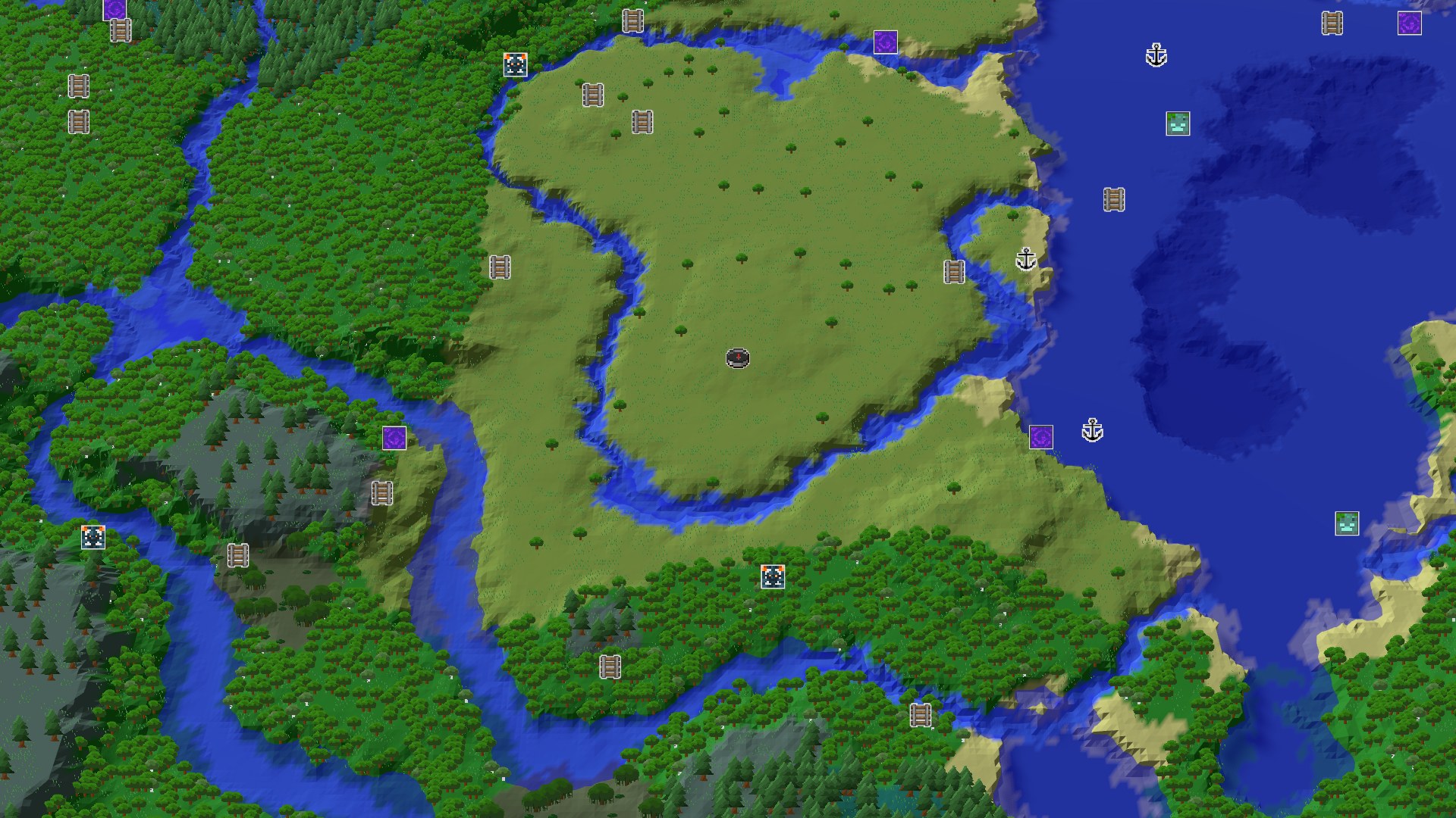 An overhead map view showing a central plains biome surrounded by rivers, forests, and an ocean to the east, with a small spawn marker in the middle.