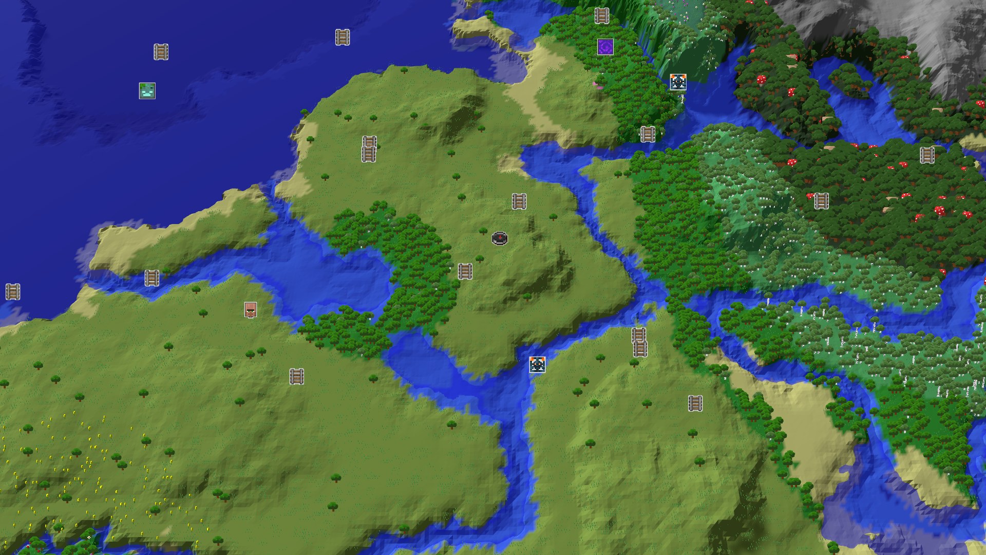 An overhead 3D render of a Minecraft world, showing a central grassy plains area with scattered trees and a river system. Forests and darker biomes are visible to the east, and an ocean to the west. A small spawn marker is at the center.