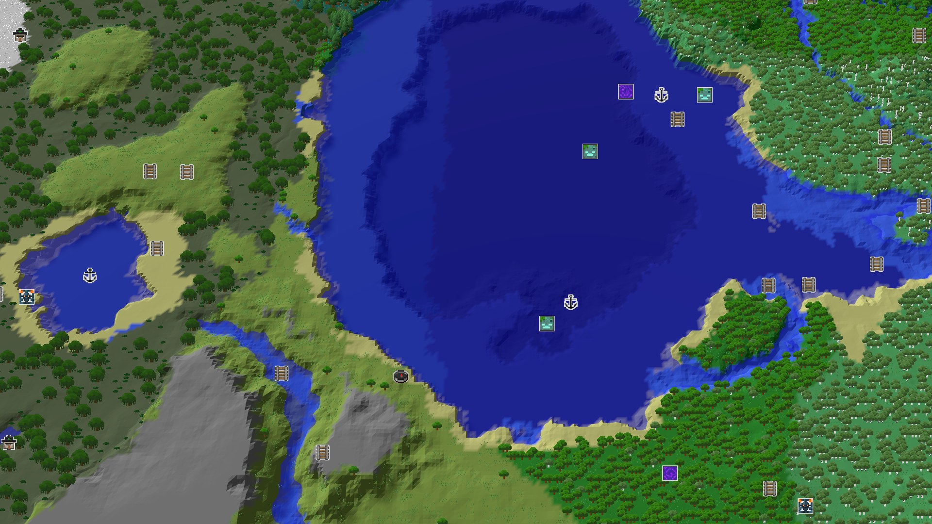 Aerial Minecraft seed map — A Lakeside Start with Nearby Mining and Ocean Exploration