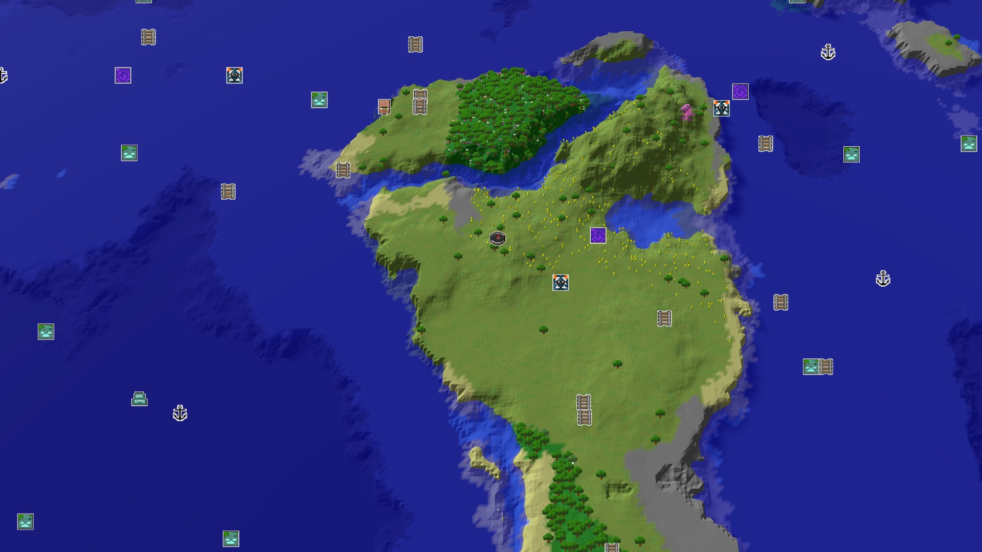 Aerial Minecraft seed map — An Ocean-Heavy Start with Close Underground Loot