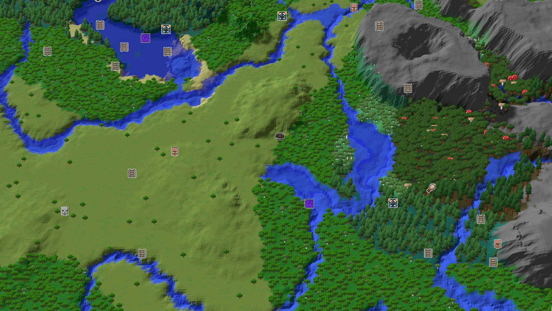 Aerial Minecraft seed map — A Quiet Start with Nearby Amethyst and Forest Exploration