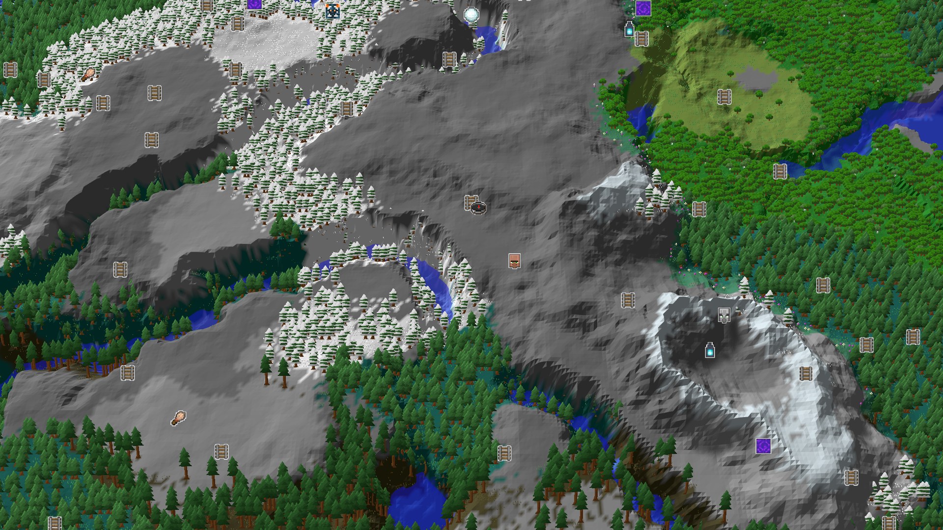 Aerial Minecraft seed map — A Snowy Taiga Start with Deep Mountain Exploration