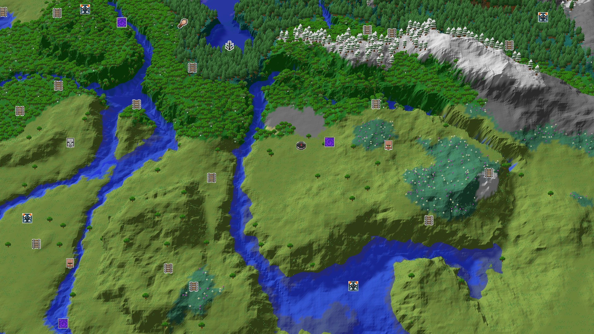 Aerial Minecraft seed map — A Quiet Start with Close Resources and Distant Peaks