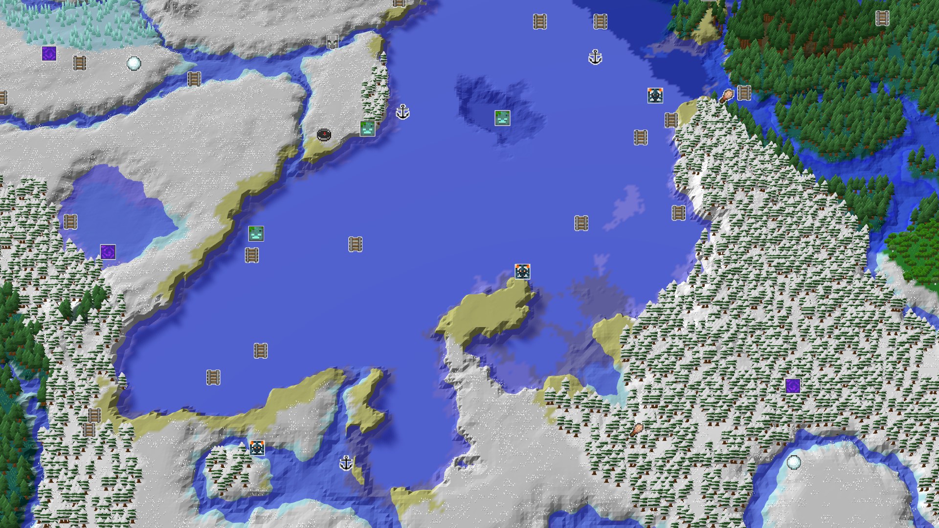 An overhead 3D view of a snowy landscape with a large frozen ocean. Snowy plains and taiga forests are visible, with a small marker at the spawn point.