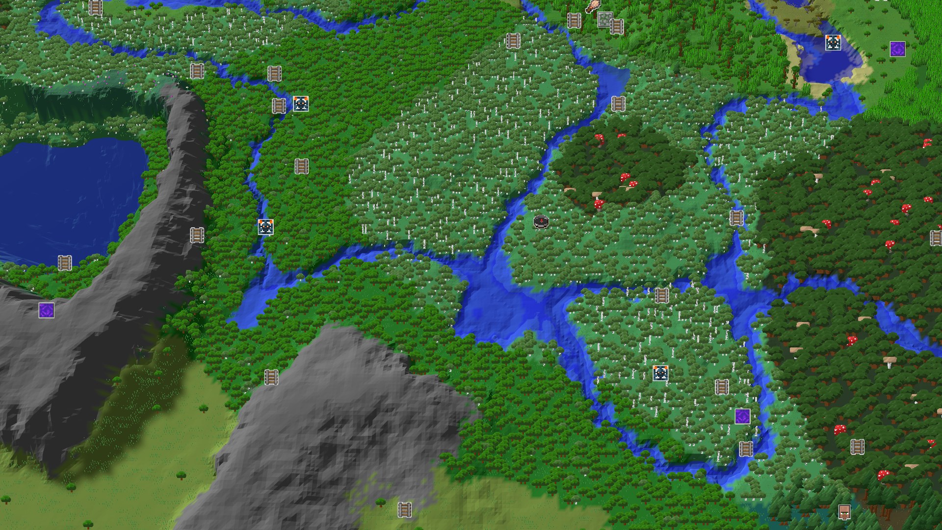 An overhead view of a diverse Minecraft landscape featuring birch forests, dark forests with red mushrooms, rivers, and a large lake bordered by rocky mountains. A small marker indicates the spawn point.