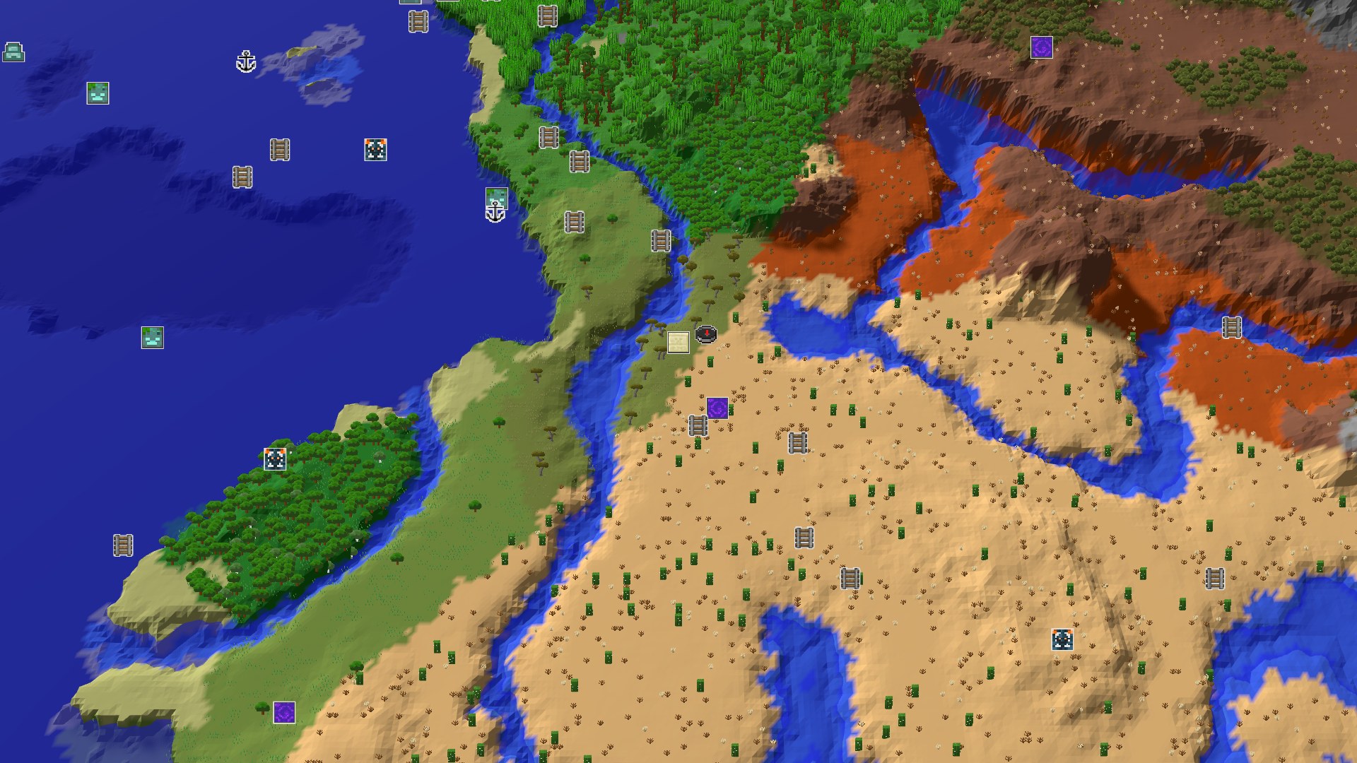Aerial Minecraft seed map — A Desert Start with Fast Pyramid Loot and Badlands Nearby