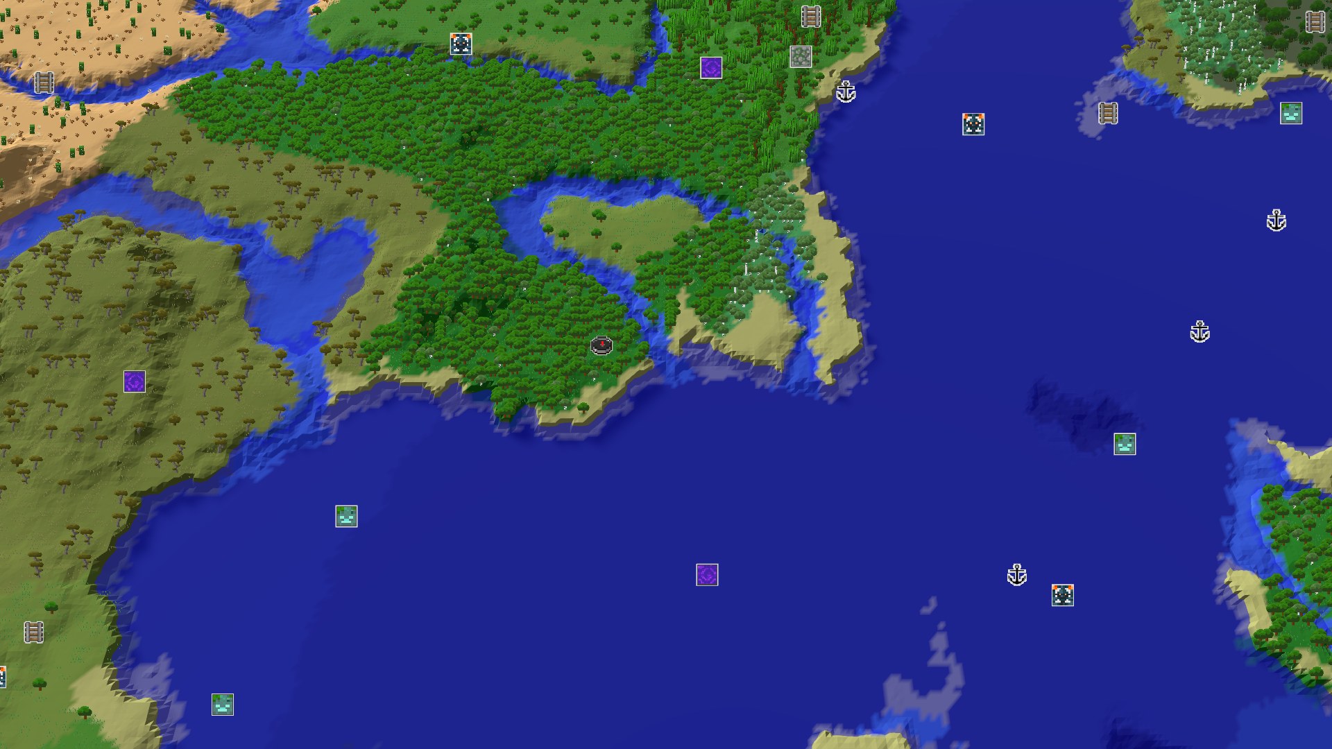 An aerial view of a Minecraft world showing a spawn point in a dense forest, bordered by a winding river and a large ocean. Sandy beaches and a savanna biome are visible in the distance.