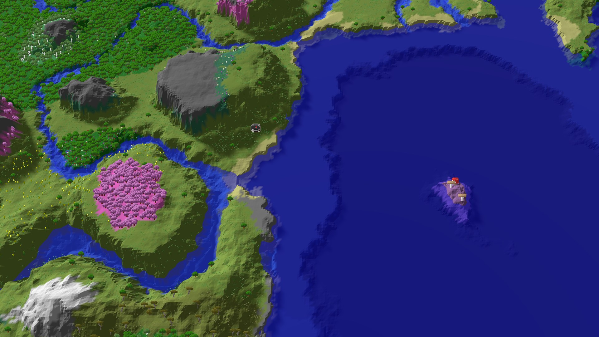 Aerial Minecraft seed map — A Modest Start with Cherry Groves Nearby