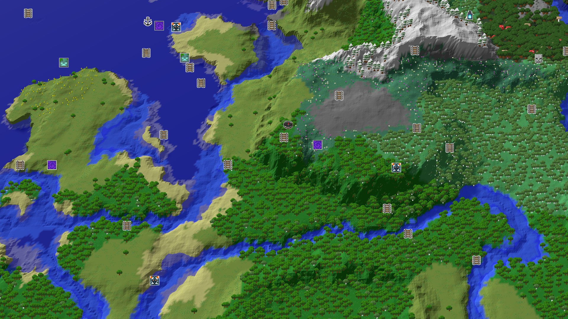 A 3D fly-over of a verdant forested terrain with a winding river, some plains, and distant snow-capped mountains to the northeast.