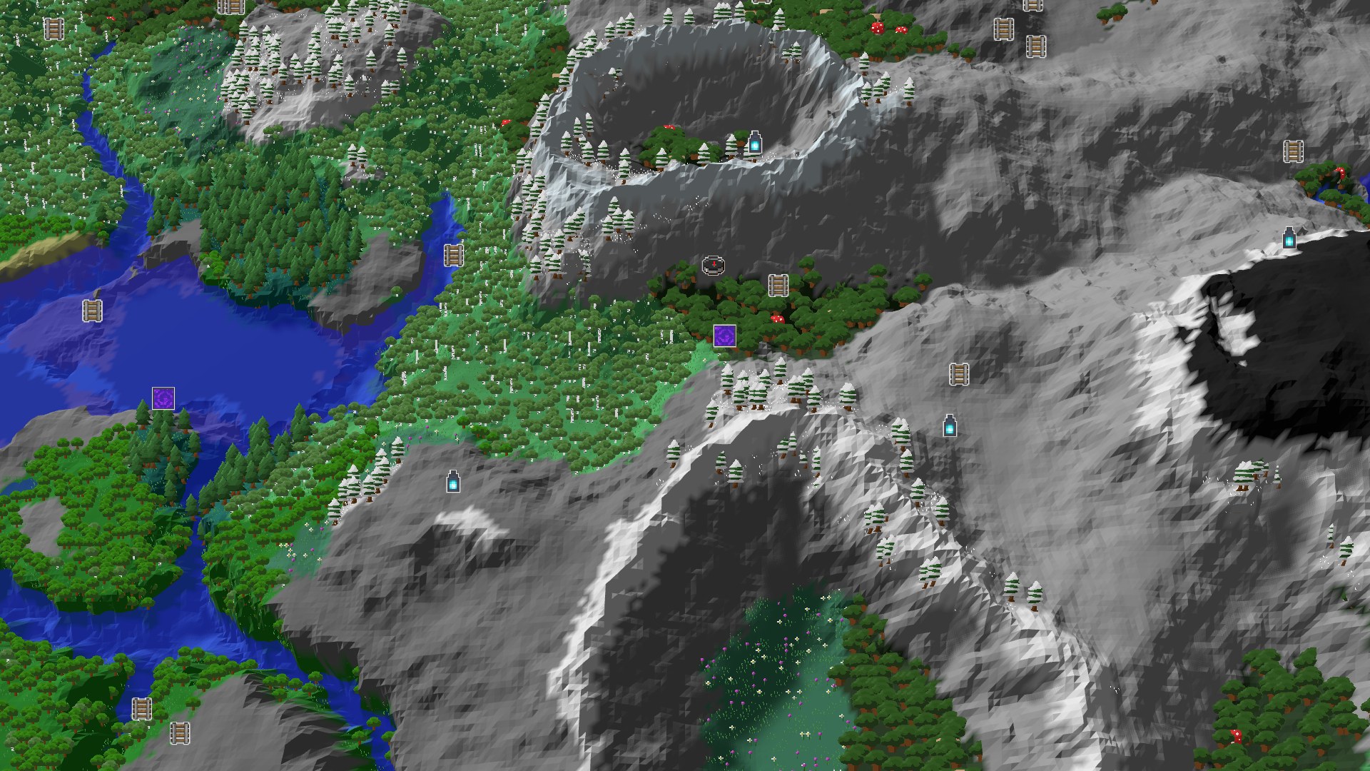 An overhead 3D render of a Minecraft world showing a dense dark forest, a large body of water, and snow-capped mountain peaks. A small spawn marker is visible in the center of the dark forest.