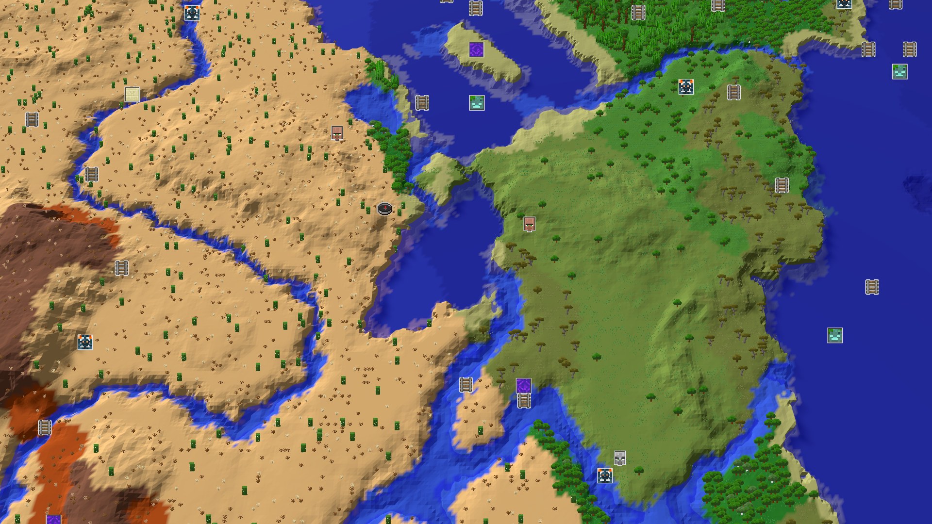 Aerial Minecraft seed map — A Desert Start with Hidden Underground Riches