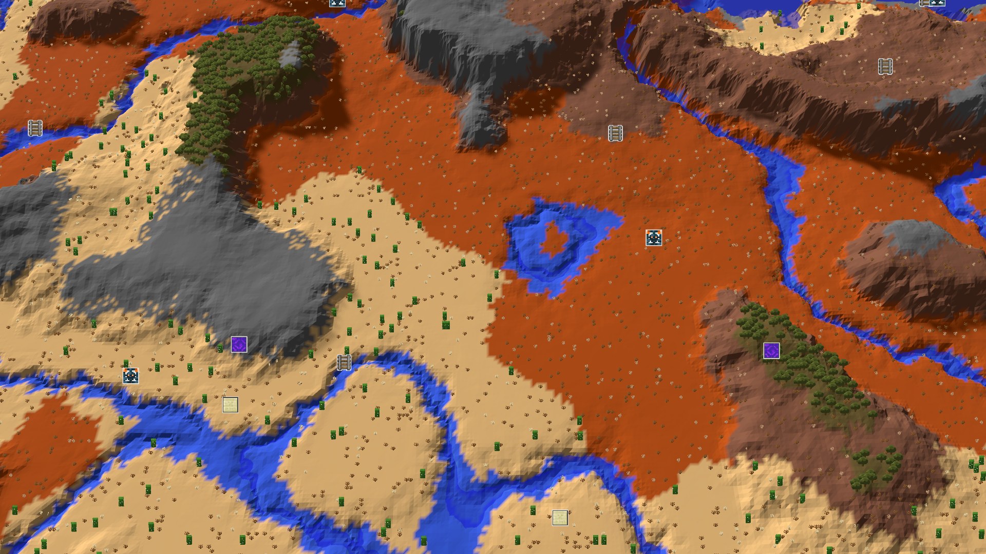 An overhead view of a diverse landscape featuring vast desert plains, red badlands hills, and winding blue rivers, with scattered green trees and small bodies of water.