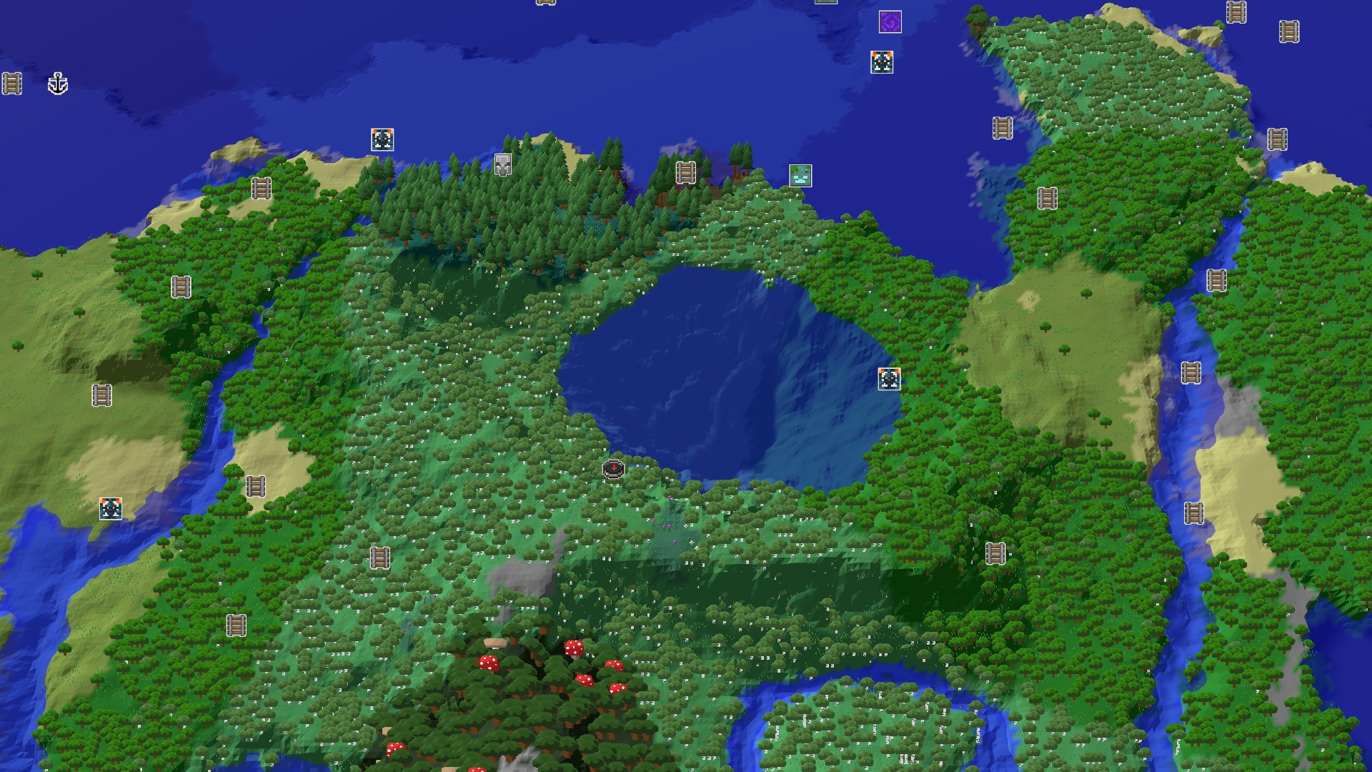 A bird's eye view of a green, hilly landscape dominated by various types of forests, with a large, deep blue lake in the center. A small spawn marker is visible amidst the trees.