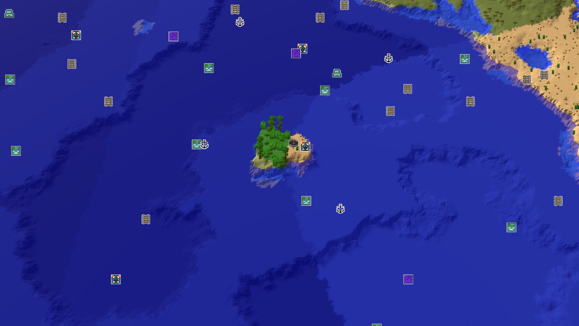 Aerial Minecraft seed map — Desert Spawn with a Quick Amethyst Geode and Trial Chambers