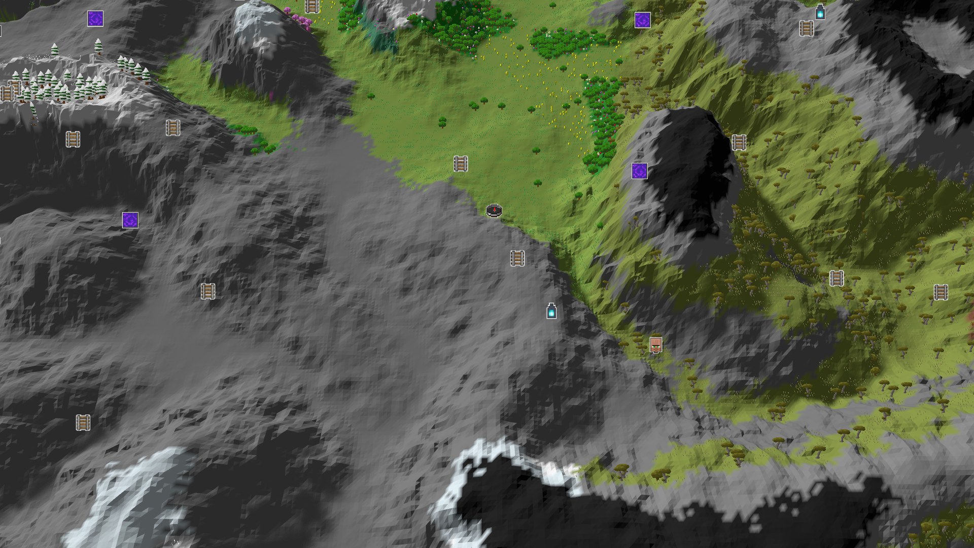 A 3D fly-over of a varied Minecraft landscape, showing a central green plains area surrounded by grey mountains and patches of different forest types, with a small spawn marker in the center.
