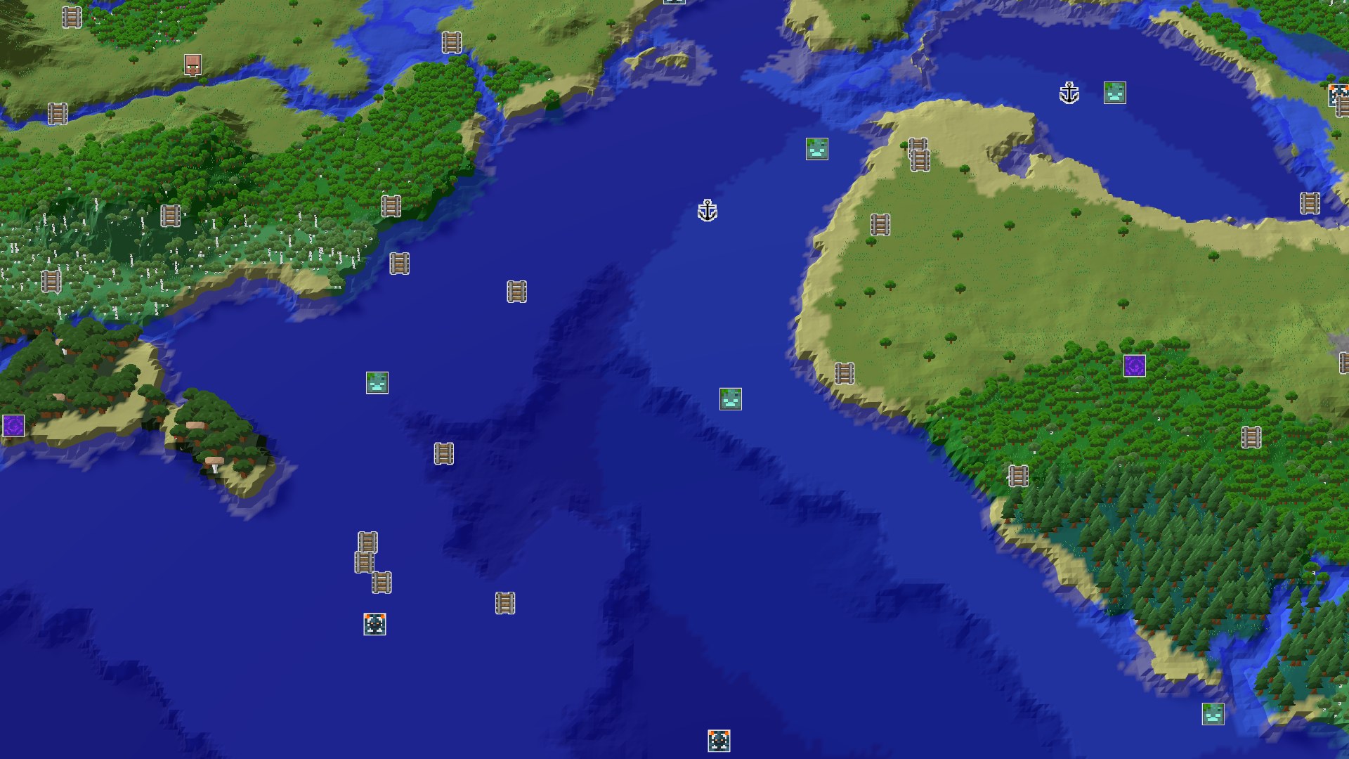 Aerial Minecraft seed map — Spawn in Plains with a nearby Geode and Trial Chambers
