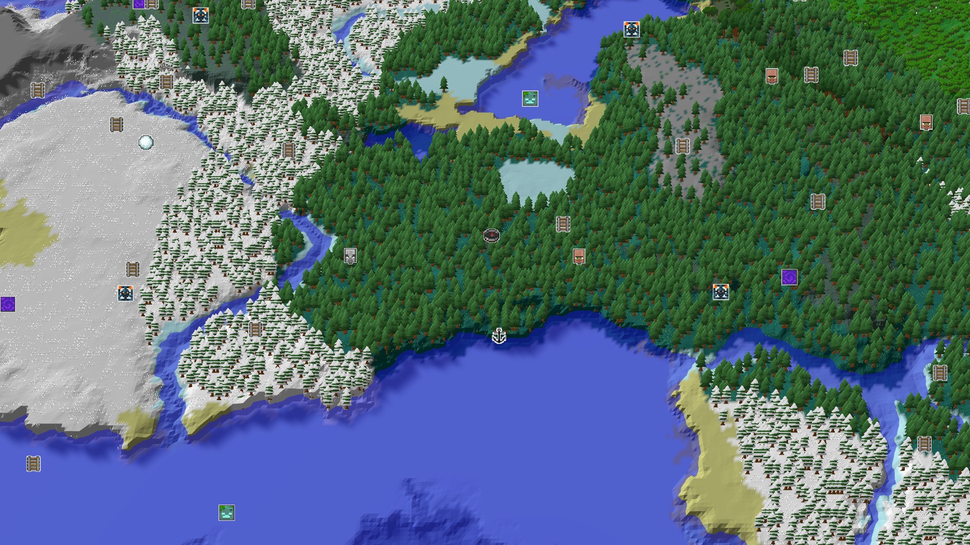 Aerial Minecraft seed map — A Cold Forest Start with Convenient Structures