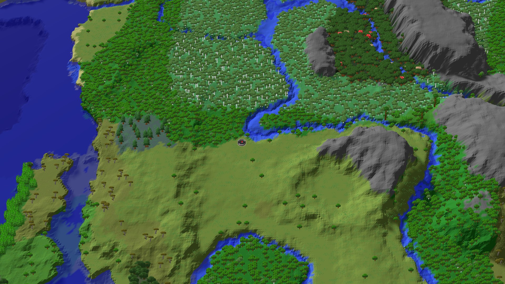 Aerial Minecraft seed map — A Nearby Geode and Wide-Open Plains