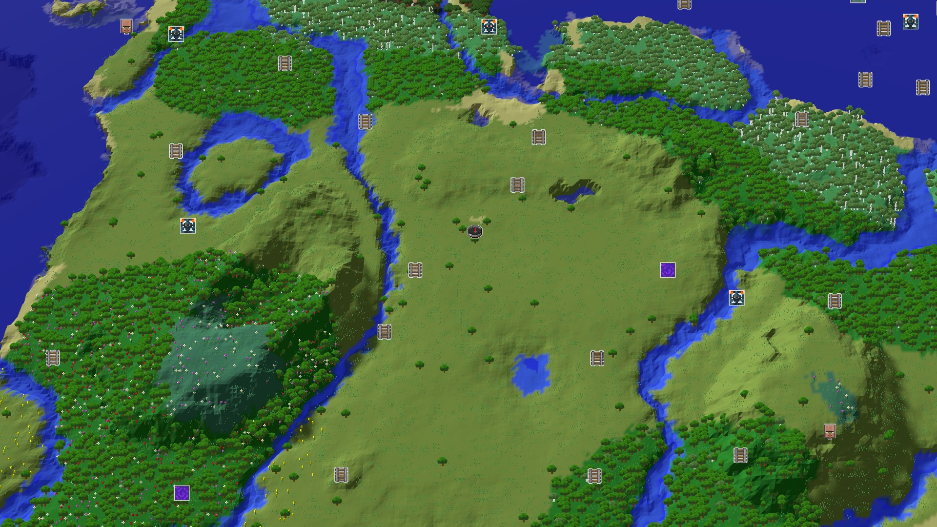 Aerial Minecraft seed map — Plains Spawn with a Close Amethyst Geode and Mineshaft