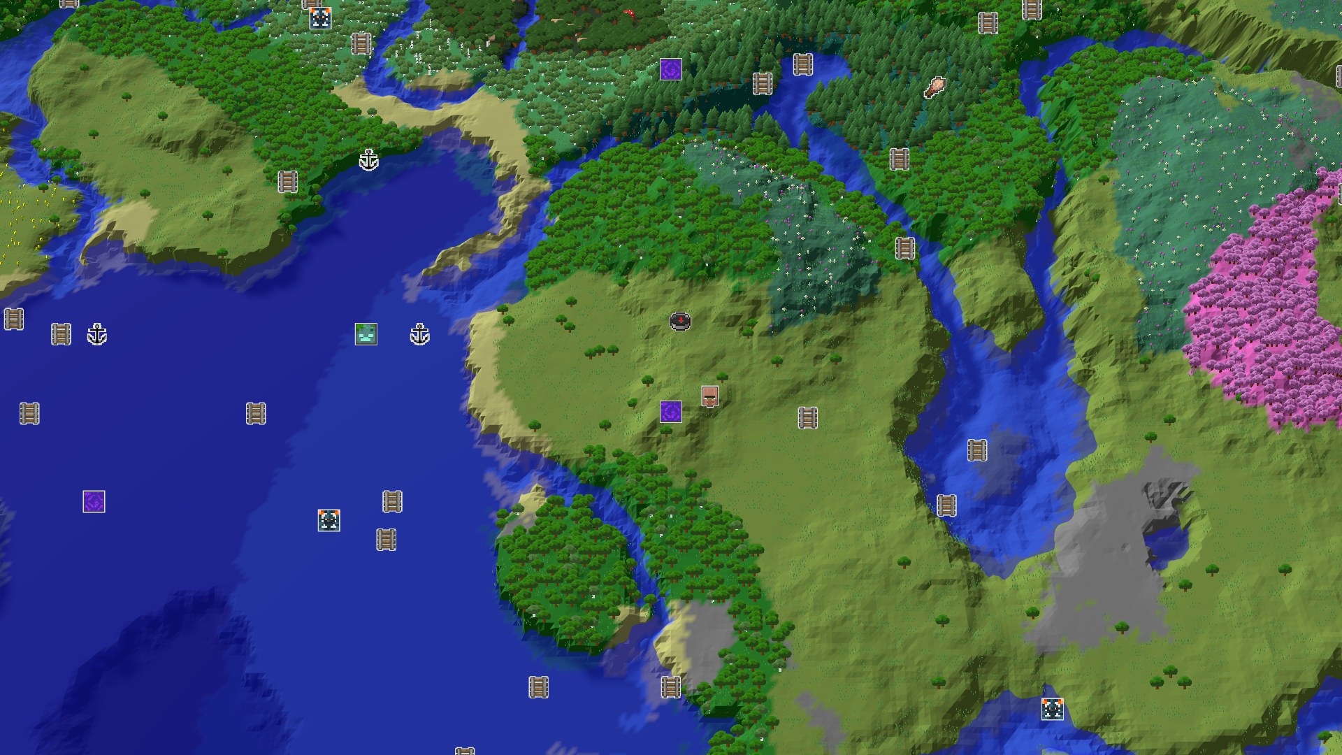 Aerial Minecraft seed map — A Modest Start with a Cherry Grove Surprise Nearby