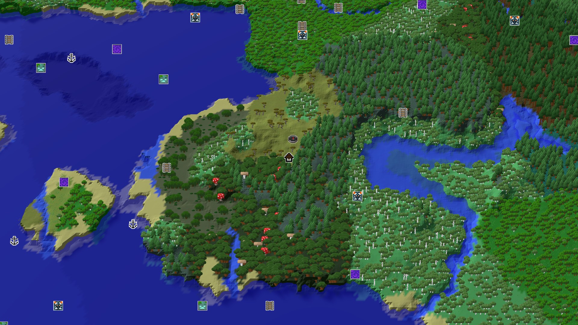 Aerial Minecraft seed map — Windswept Savanna Spawn with a Woodland Mansion Nearby