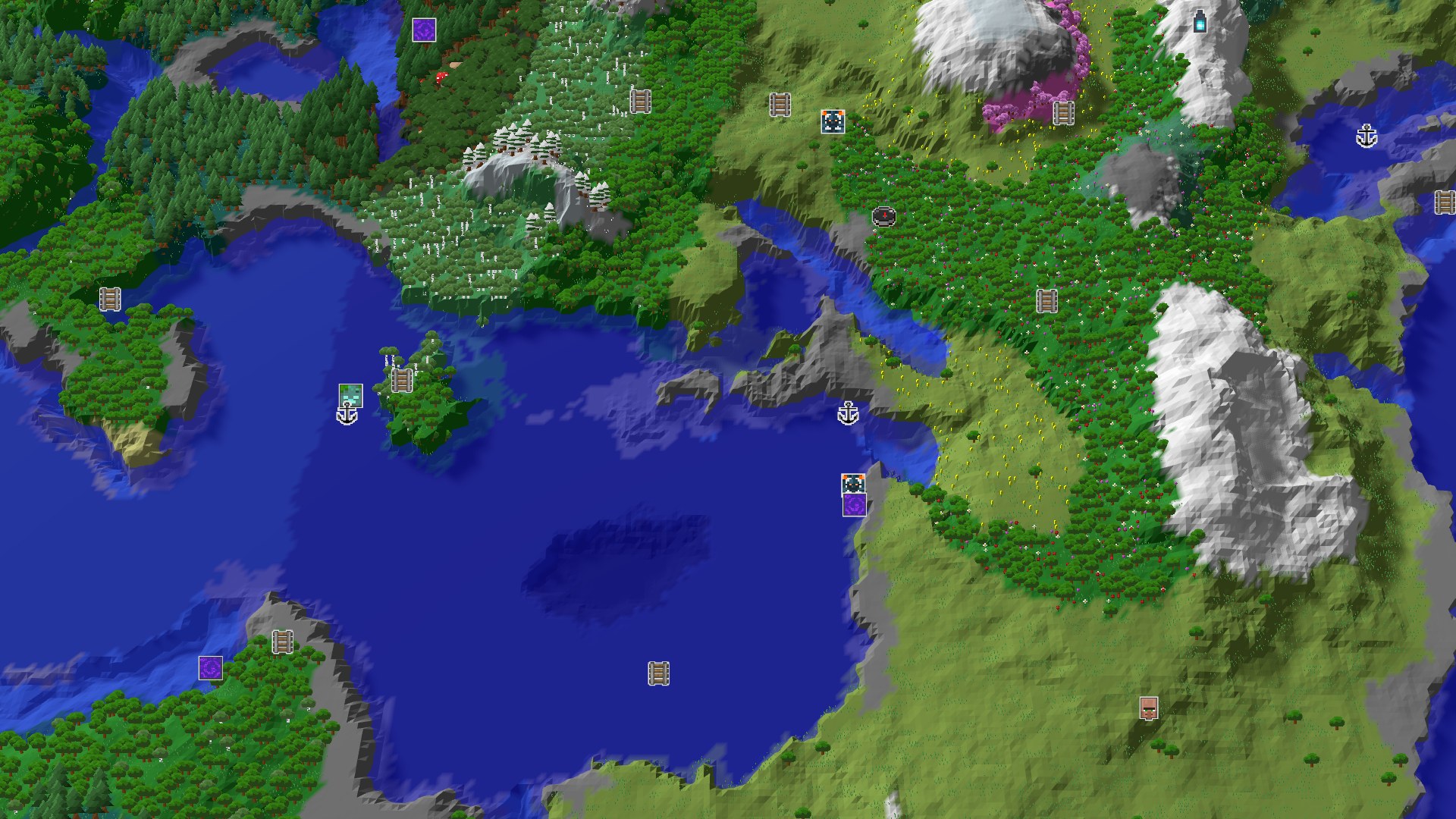 Aerial Minecraft seed map — Spawn in Flowers, Find Peaks and Chambers
