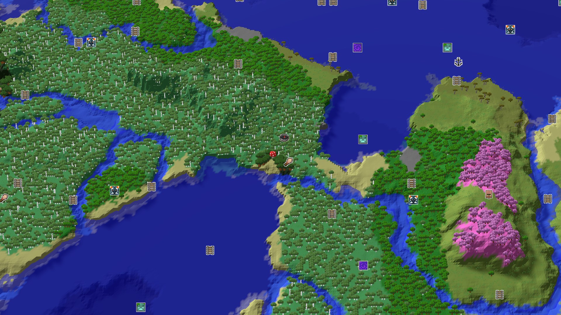 Aerial Minecraft seed map — A Birch Forest with Quick Loot and Pink Peaks