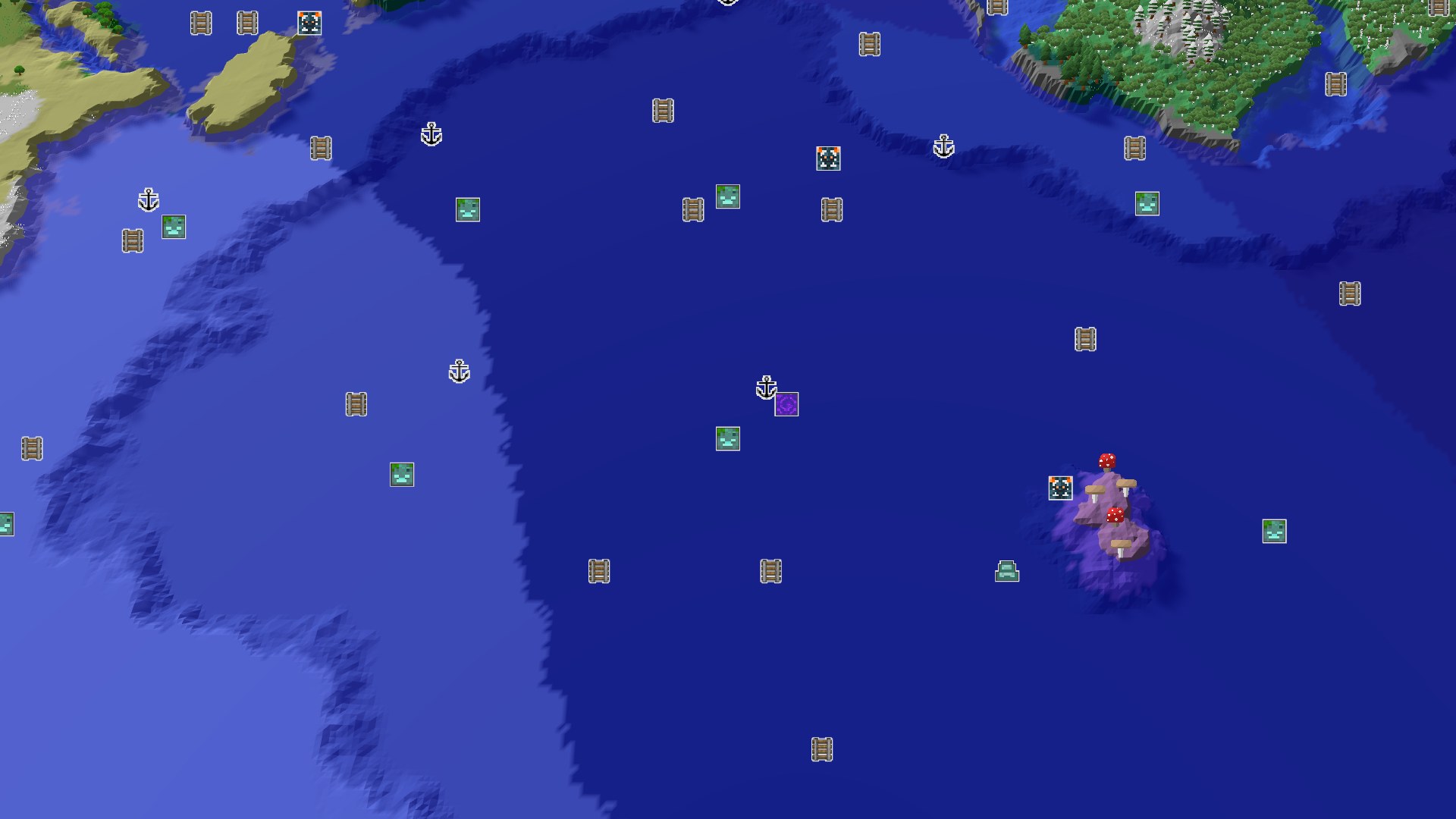 Aerial Minecraft seed map — Amethyst Geode Near a Snowy Spawn by a Vast Frozen Ocean