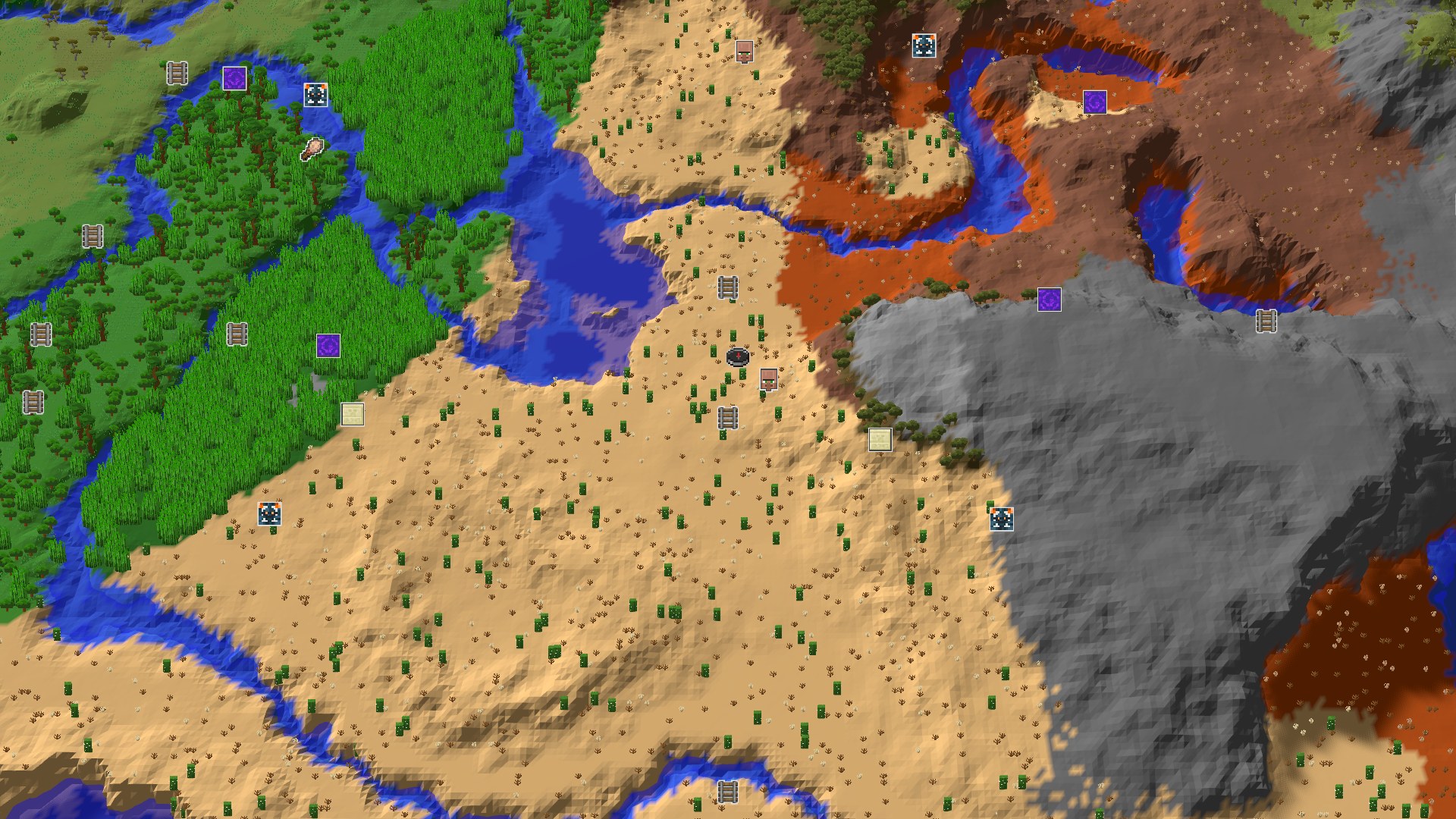 Aerial Minecraft seed map — Desert Spawn with Nearby Geode and Village