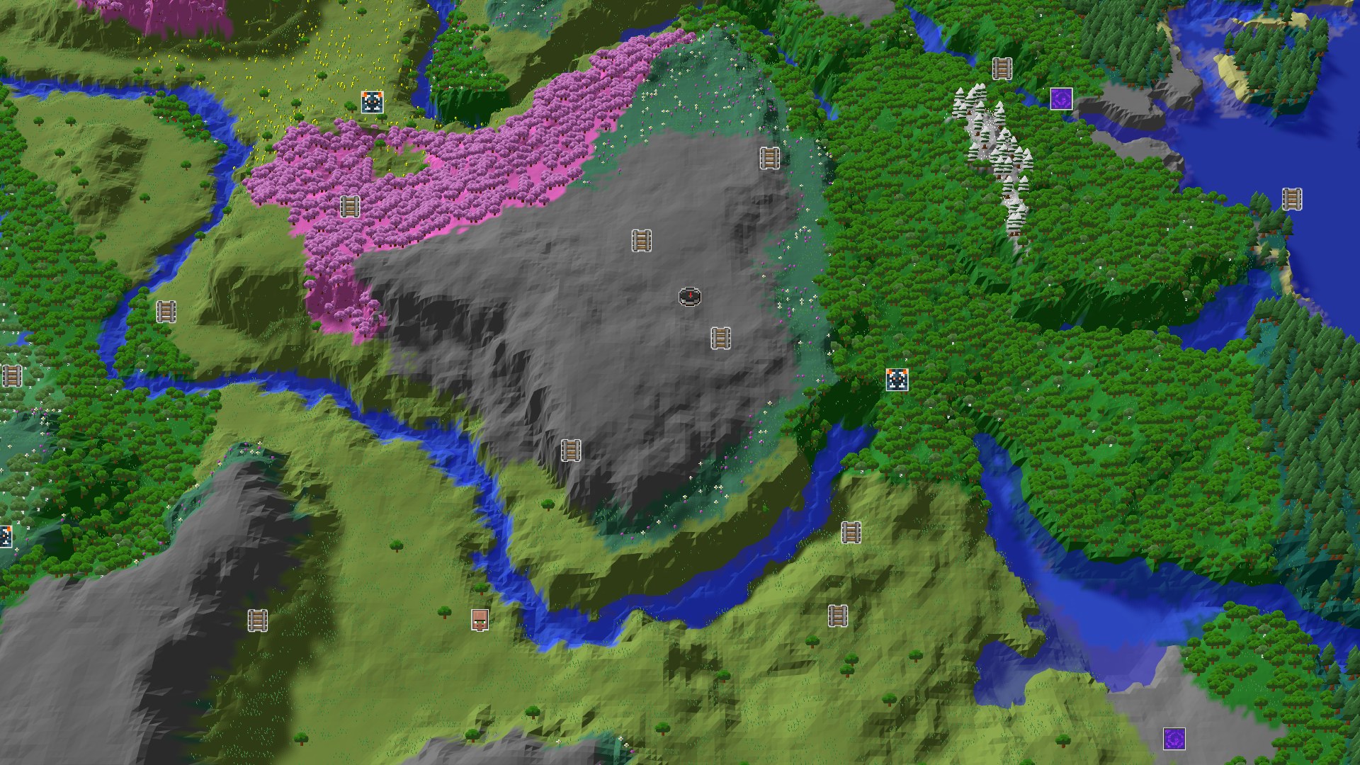 A 3D overhead view of a diverse Minecraft landscape featuring green meadows, dense forests, a winding blue river, and a large pink-leafed Cherry Grove biome, with a small spawn marker in the center of the meadow.