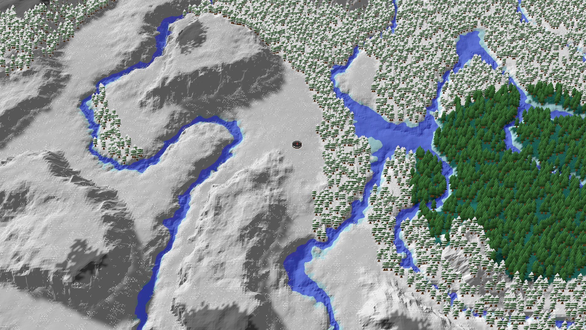 Aerial Minecraft seed map — A Snowy Start with Close Mineshaft and Geode