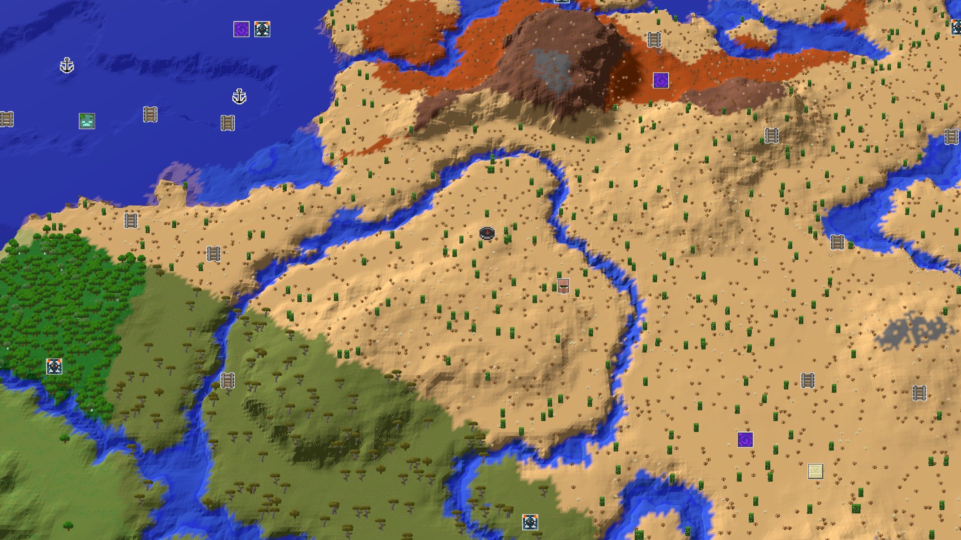 Aerial Minecraft seed map — Desert Start with an Amethyst Geode Nearby