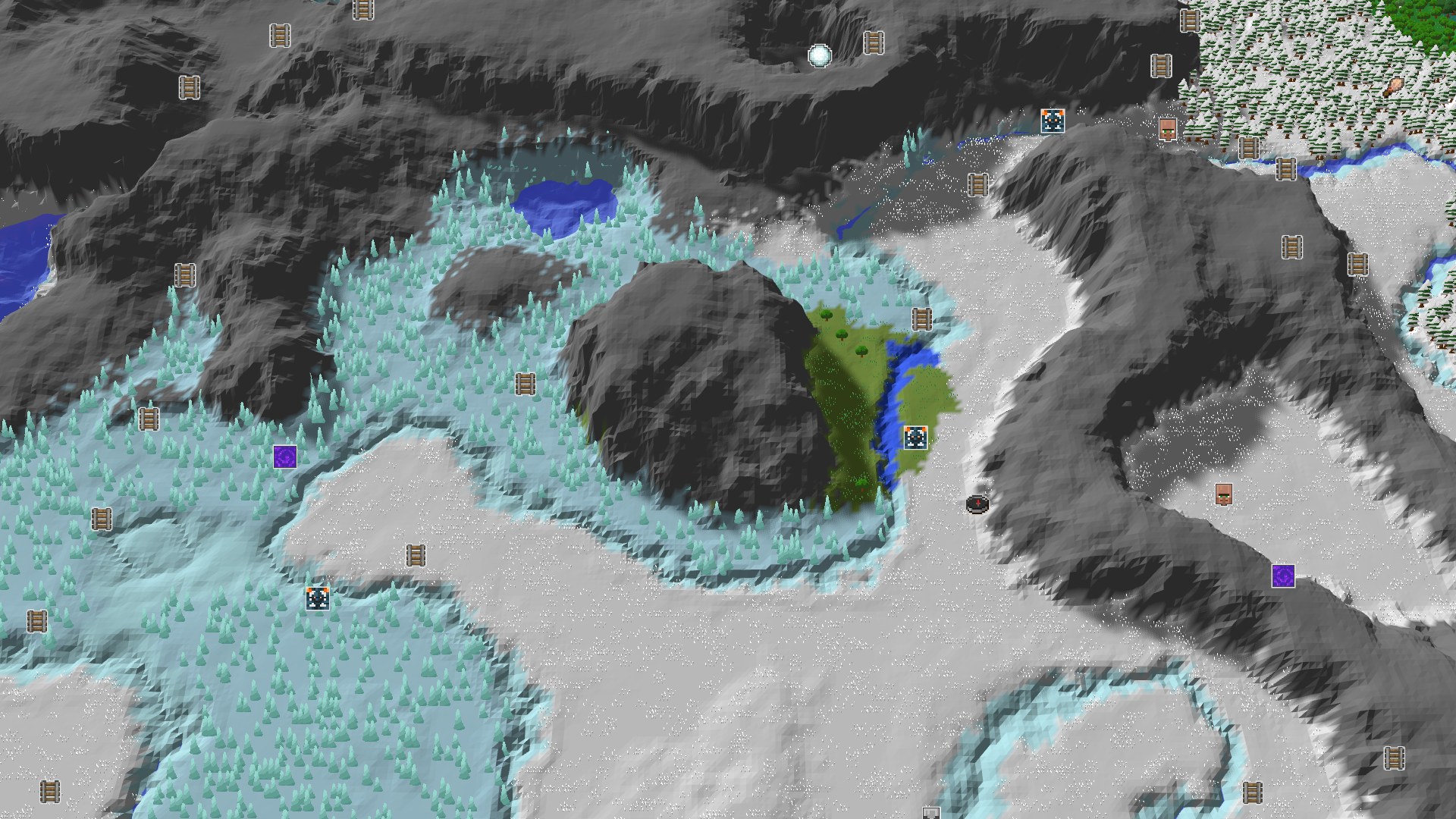 A 3D overhead view of a snow-covered landscape with scattered spruce trees, a few patches of green plains, and dark grey mountains rising in the distance, with a small blue spawn marker in the center.