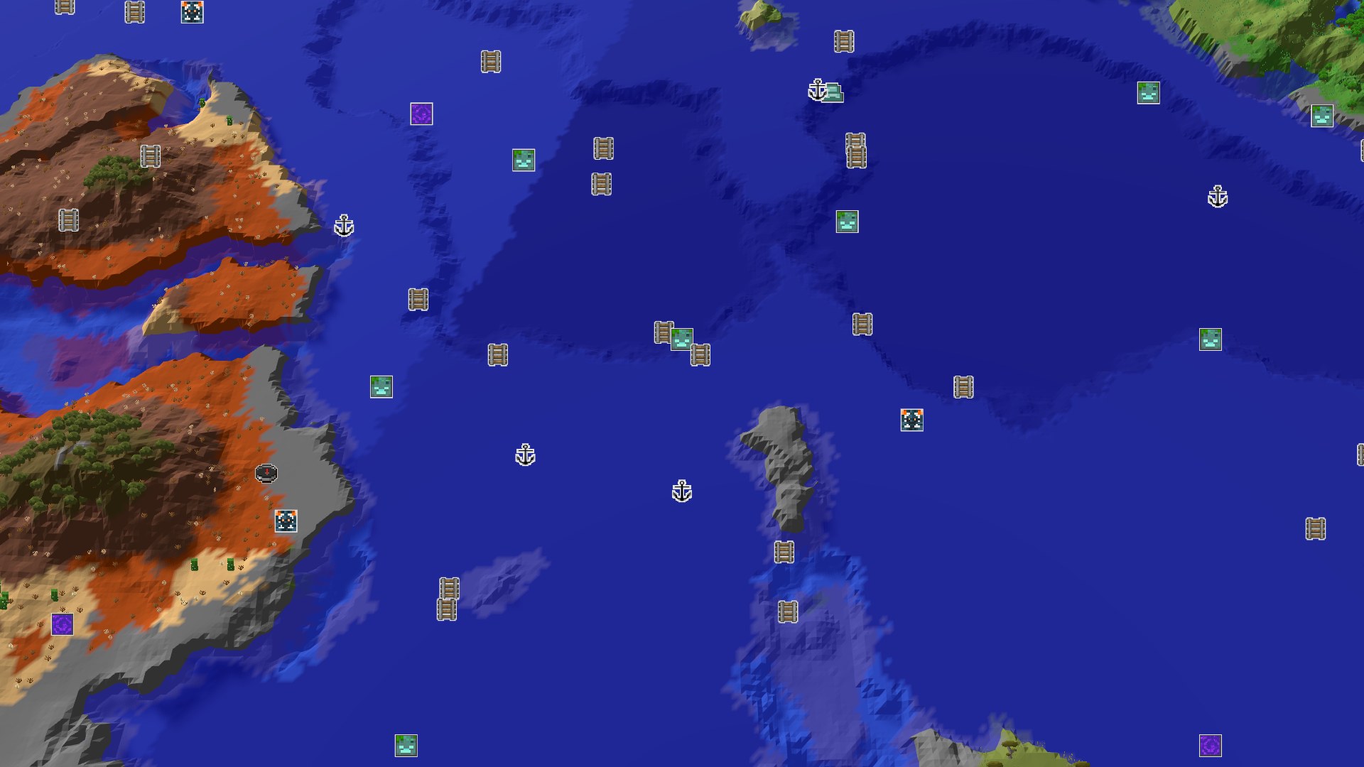 Aerial Minecraft seed map — Badlands Coast Spawn with Close Amethyst and Chambers