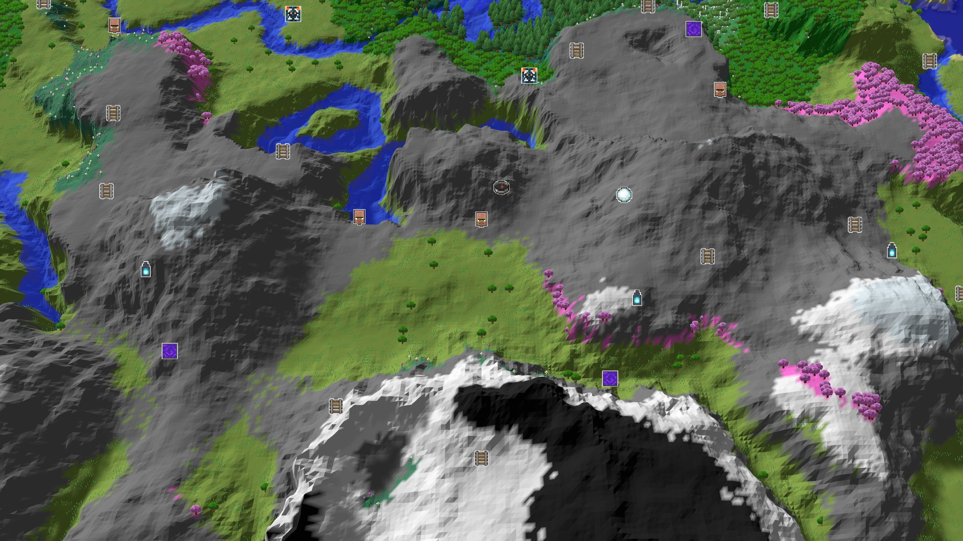 Aerial Minecraft seed map — A Mountainous Start with Nearby Structures