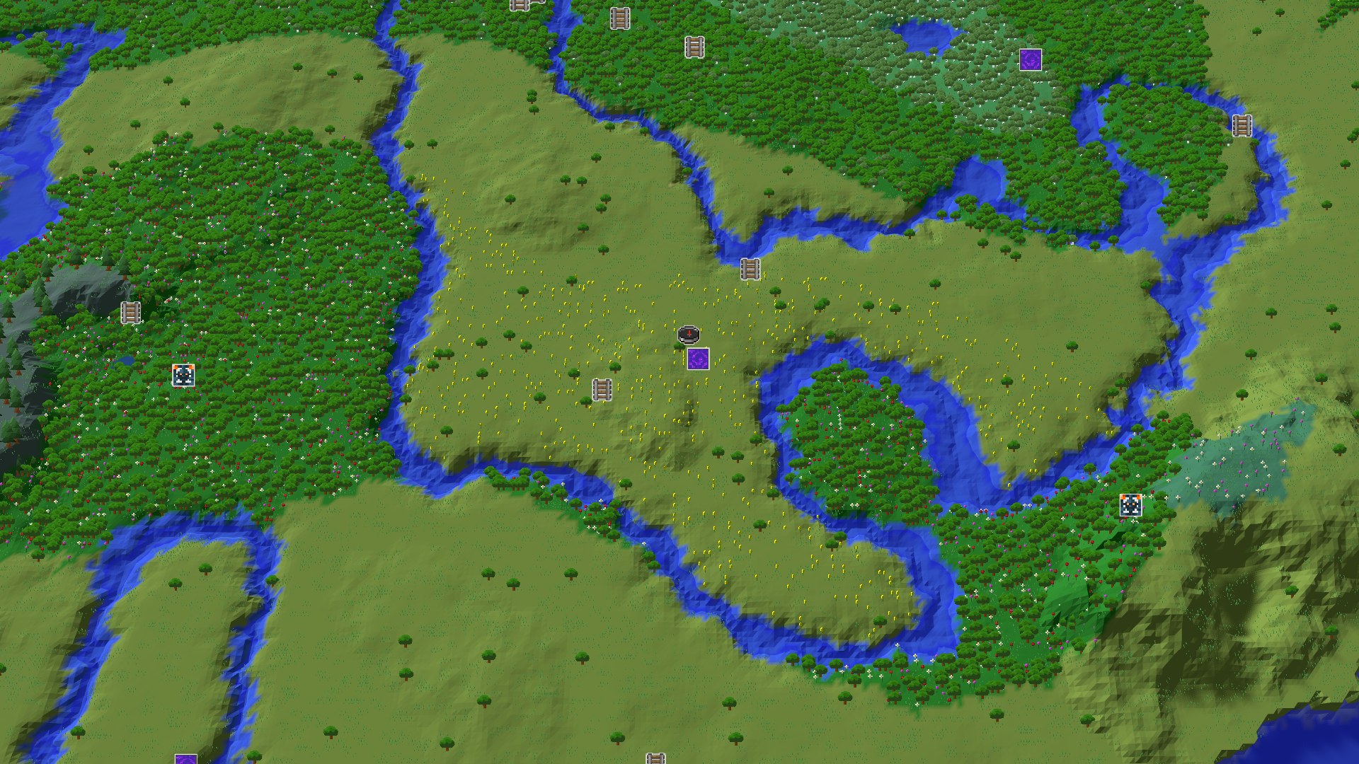 Aerial Minecraft seed map — A Sunflower Plains Spawn with Close Structures