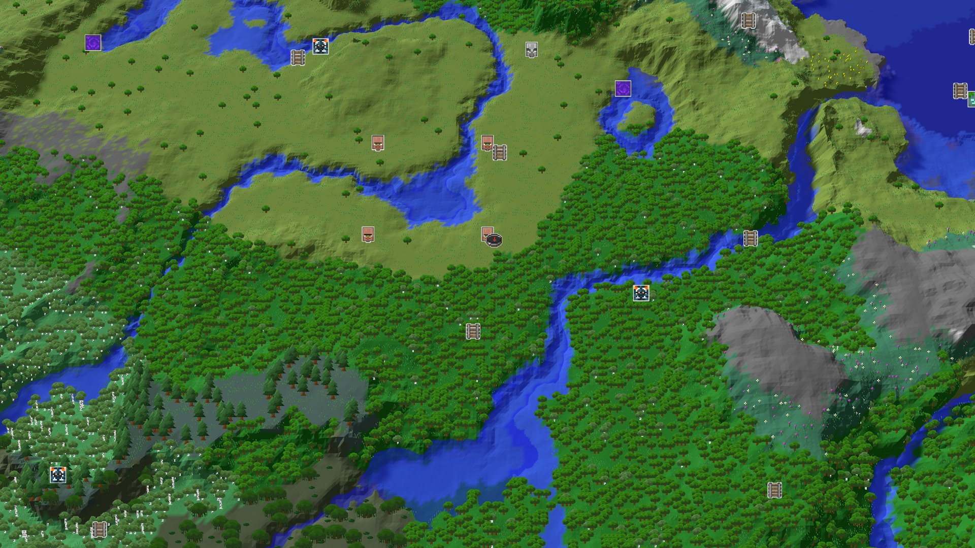 Aerial Minecraft seed map — Village Start with Nearby Amethyst and Variety
