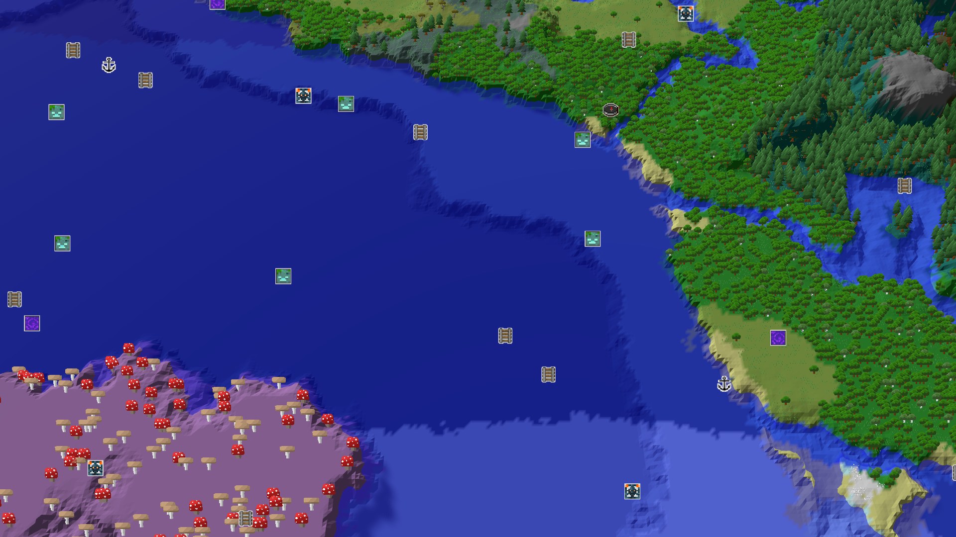 Aerial Minecraft seed map — A Quick Amethyst Start and Mushroom Fields Nearby