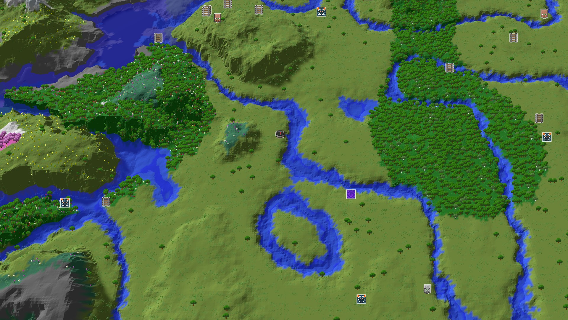 Aerial Minecraft seed map — A Quiet Start with Nearby Underground Treasures