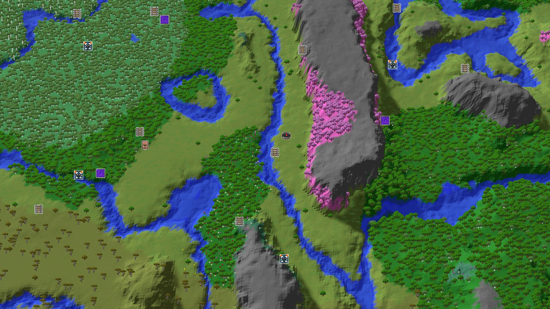Aerial Minecraft seed map — Spawn in Plains with a Cherry Grove and Geode Nearby