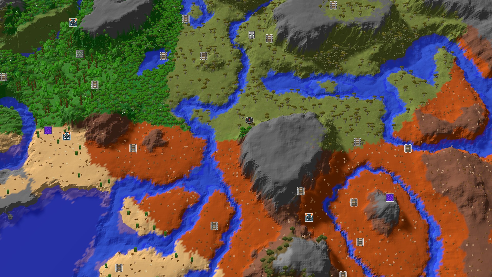 An overhead view of a diverse Minecraft landscape featuring green savanna, red badlands, grey mountains, and blue rivers winding through the terrain, with a small spawn marker in the center.