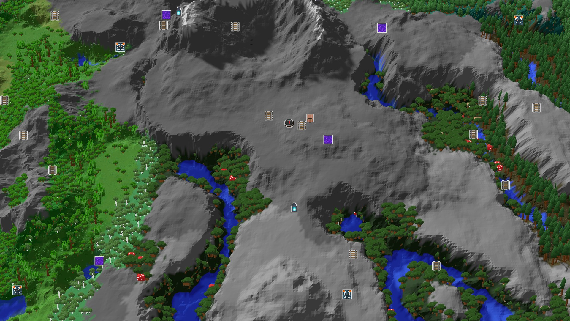 Aerial Minecraft seed map — Dark Forest Spawn with Nearby Mountains and Unique Biomes